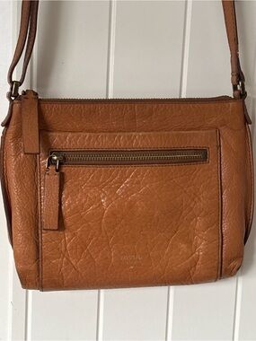 Fossil Cognac Leather Crossbody Bag Pebbled Leather Zip Top Purse